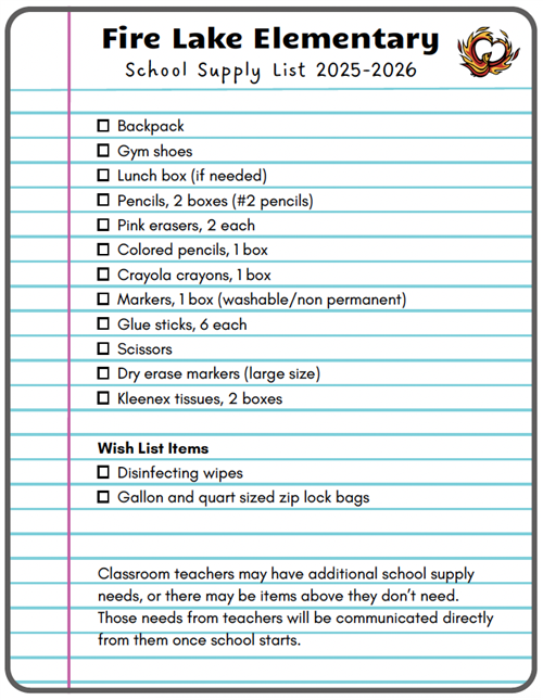 Fire Lake school supply list